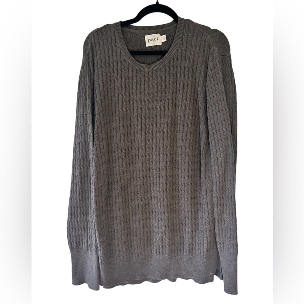 Pact Men's Charcoal Cable knit organic cotton Crewneck Sweater. Large